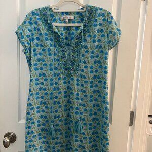 Bella Tu Floral Beaded Dress Mini Short Sleeve Lined Blue Green Resort Medium